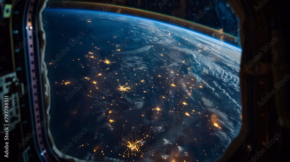 A view from a spacecraft's window showing Earth's curvature with nighttime city lights visible, highlighting human presence from a high orbital perspective. A view from a spacecraft's window showing Earth's curvature with nighttime city lights visible, highlighting human presence from a high orbital perspective.