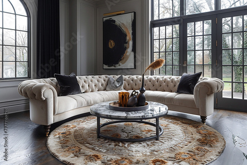 A chic sitting area with a modern classic sofa, a marble-topped coffee table, and a plush area rug. photo