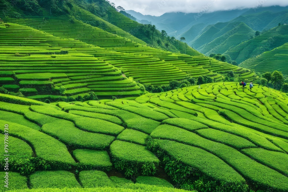 Embark on a journey through the art of tea-picking against the backdrop of lush green terraced fields at sunrise, a moment steeped in history Embark on a journey through the art of tea-picking against the backdrop of lush green terraced fields at sunrise, a moment steeped in history
