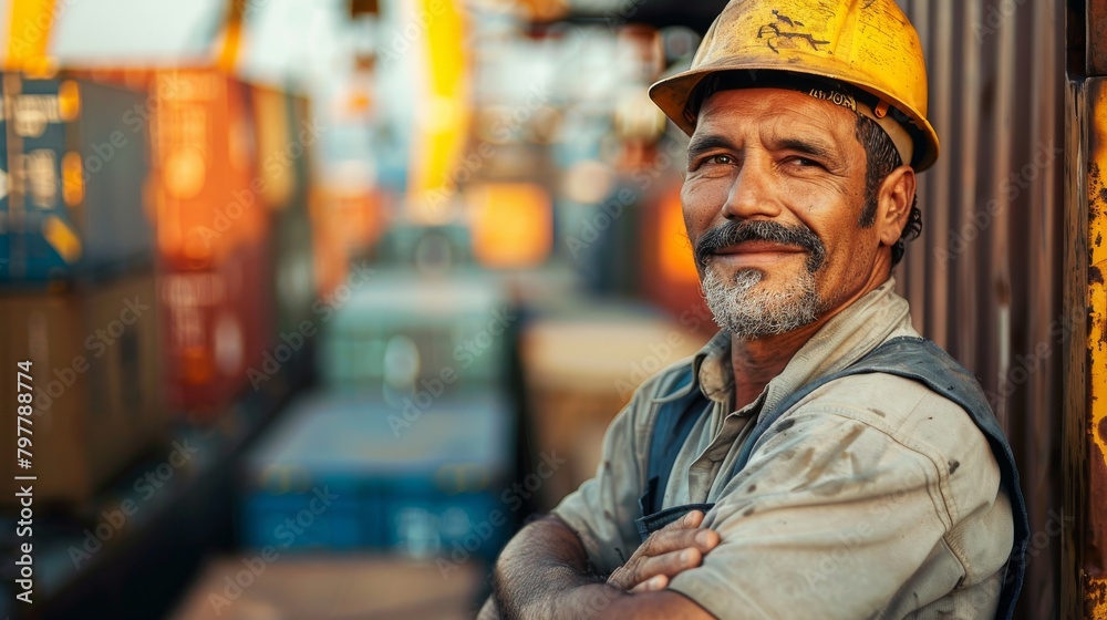 A man wearing a yellow helmet and safety vest is smiling A man wearing a yellow helmet and safety vest is smiling