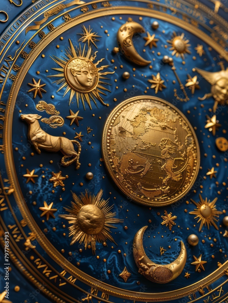 Celestial Zodiac Splendor: Dark Blue Background with Gold Astrological Zodiac Items and Symbols