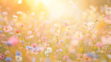 A field of delicate wildflowers basked in the warm, golden light of the setting sun.