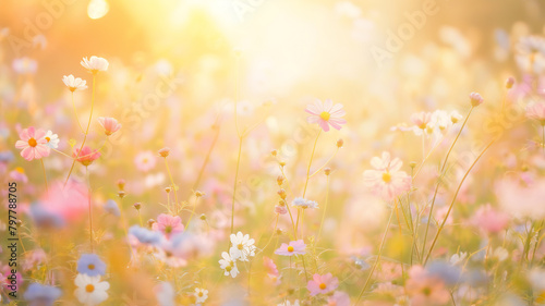 A field of delicate wildflowers basked in the warm, golden light of the setting sun. © Ritthichai