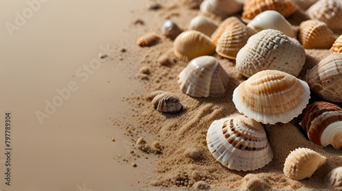 Beach-themed decorations  coastal home decor  vacation brochures Sea Shells in Sand Pile