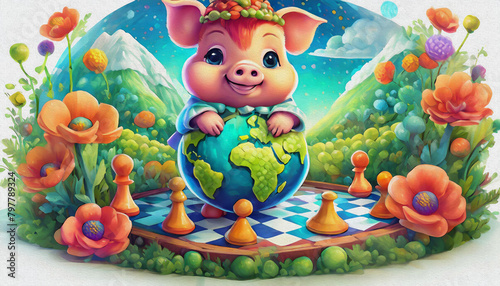 oil painting style CARTOON CHARACTER CUTE baby pig in game of chess . © stefanelo