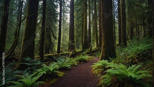 This image shows a path through a lush green forest. There are tall trees on either side of the path  and ferns line the ground.