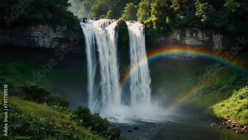 The mesmerizing cascade of a rainbow-hued waterfall against the lush green backdrop ai_generated
