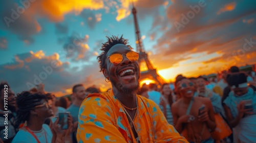 Happy people celebrating, Eiffel tower Paris, Olympic games 2024