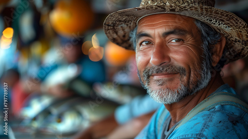 Portrait of a fisherman selling fresh fish on a stall. 