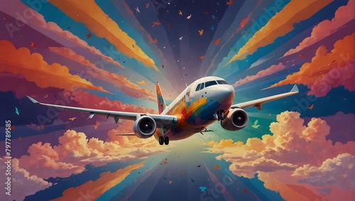 A cartoon plane flying against a backdrop of a kaleidoscopic sky, each hue a stroke of playful imagination ai_generated