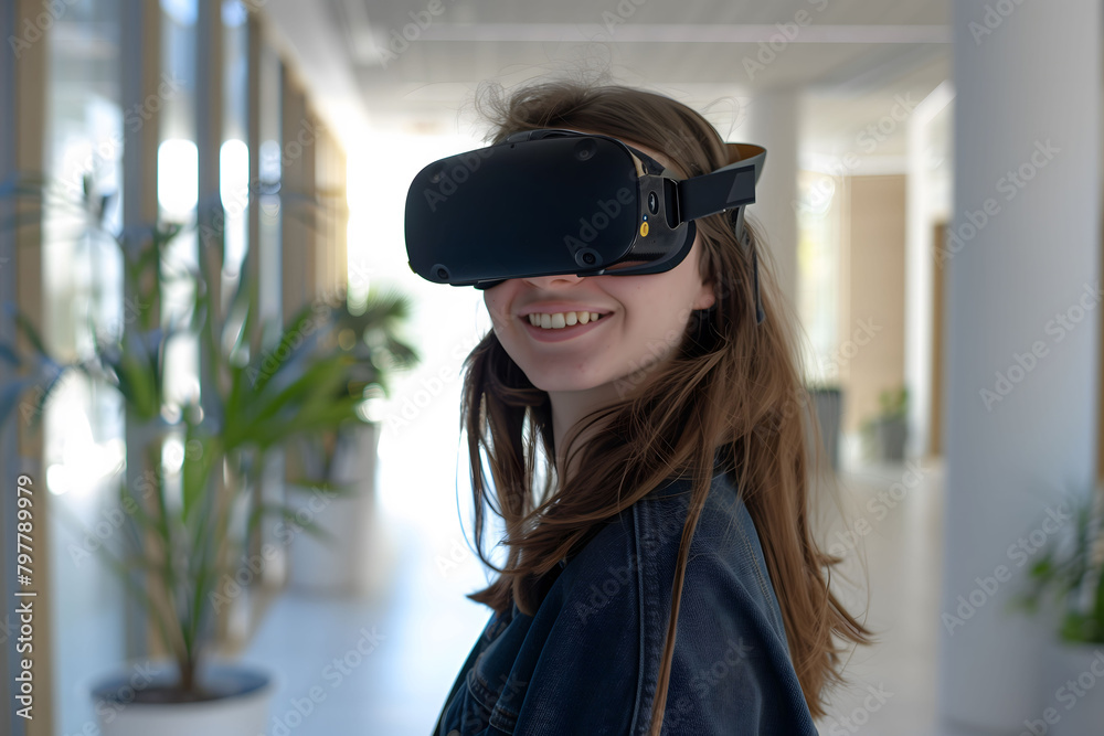 Young woman using virtual reality headset Young woman using virtual reality headset