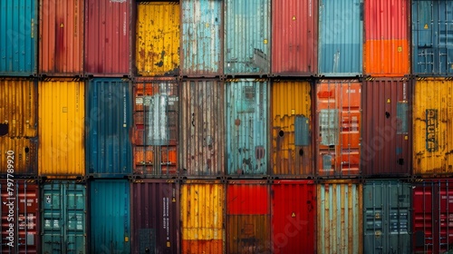 A colorful image of stacked shipping containers with a rustic, vintage feel