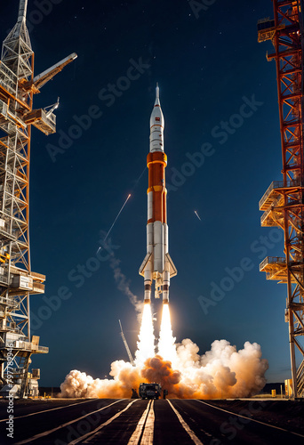 Space rocket taking off from the launch pad. Generative AI