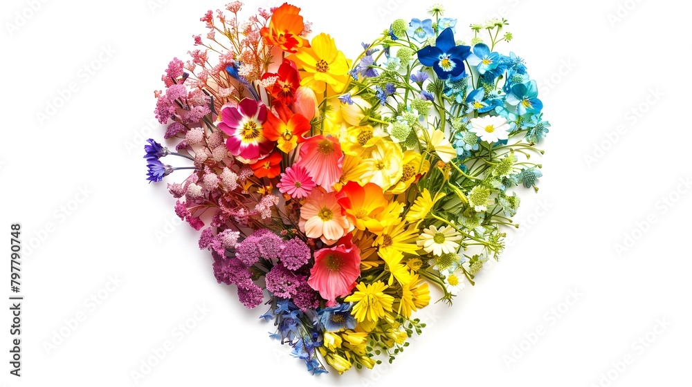 Rainbow color heart made of flowers isolated on white background. This illustration represents concept of love for LGBTQ, gay, lesbian, pride and bisexsual. Digital illustration Rainbow color heart made of flowers isolated on white background. This illustration represents concept of love for LGBTQ, gay, lesbian, pride and bisexsual. Digital illustration