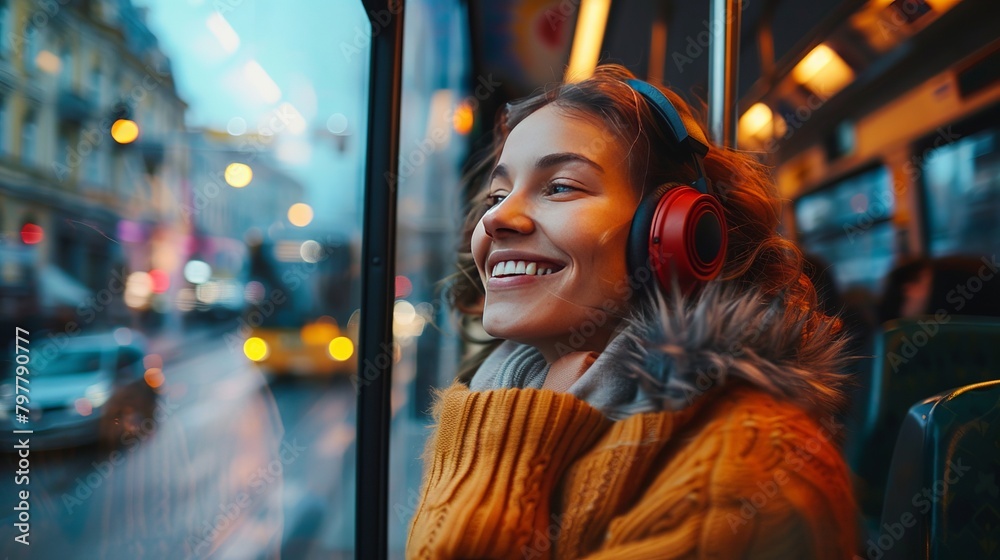 A cheerful woman with wireless headphones gazed out the bus window.