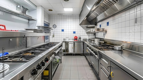 Commercial kitchen with stainless steel - empty bright kitchen filled with everything a restaurant.