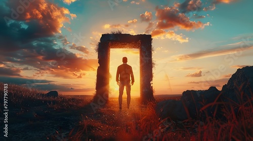 Silhouette of a man in a doorway in nature. the concept of going through a portal to another world. fantasy of transformation of another dimension of the universe
