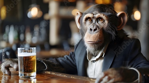 Chipanzee in a suit drinks a glass of beer in a bar Pub, banner, poster photo
