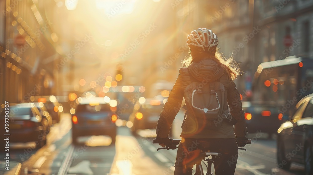A woman is riding a bicycle in a busy city street