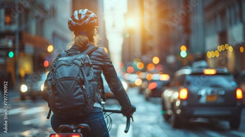 A woman is riding a bicycle in a busy city street photo