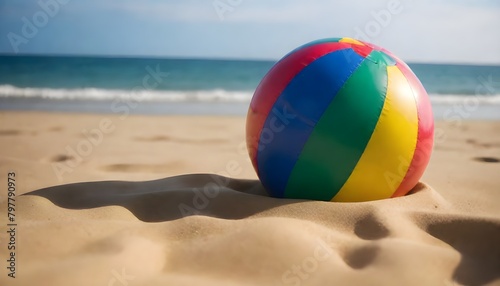 A colorful beach ball on a sandy beach with the ocean in the background