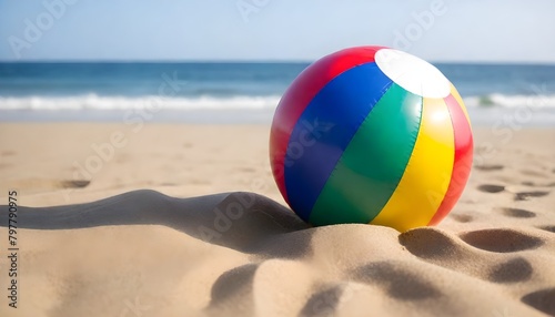 A colorful beach ball on a sandy beach with the ocean in the background