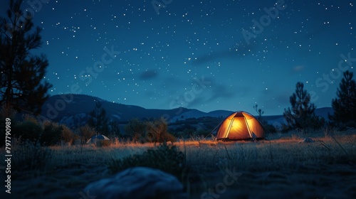 A small tent is set up in a field at night