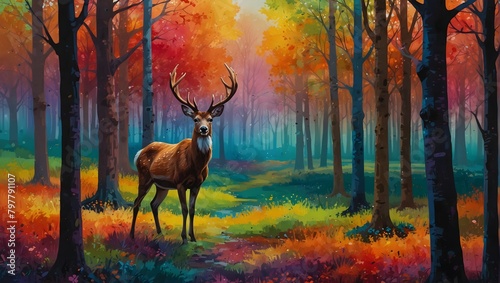 A cheerful cartoon deer wandering through a technicolor forest, every tree a burst of playful color ai_generated