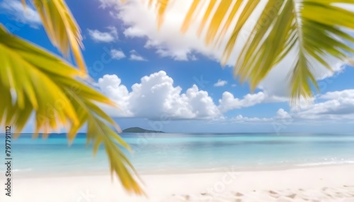 A tropical beach scene with palm leaves in the foreground  a bright blue sky with fluffy white clouds  and a blurred ocean in the background