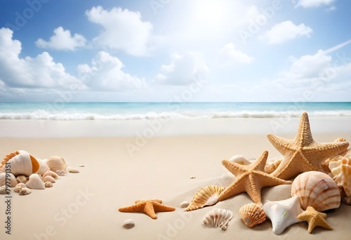 A sandy beach with seashells and starfish on the shore, with a cloudy blue sky in the background