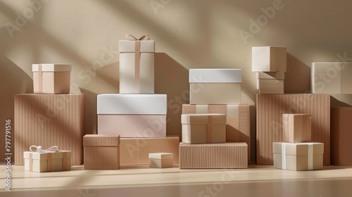 A stack of boxes with a variety of sizes and shapes
