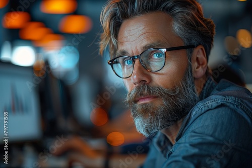 A focused man immersed in his work at a computer in a contemporary, well-lit office setting surrounded by technology photo