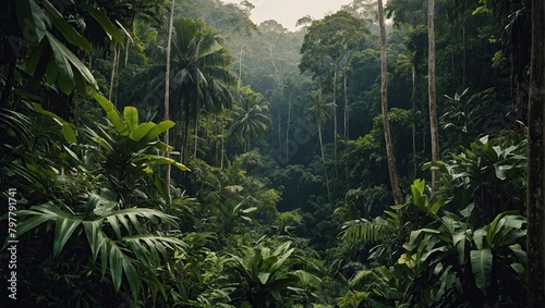 A lush green jungle with palm trees and other vegetation.