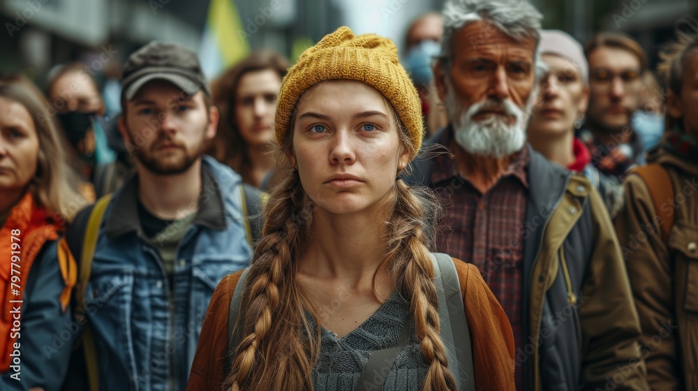 A group of people are walking down a street, one of them wearing a yellow jacket A group of people are walking down a street, one of them wearing a yellow jacket