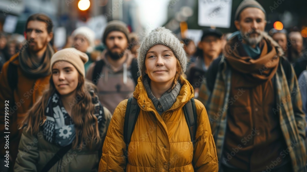 A group of people are walking down a street, one of them wearing a yellow jacket A group of people are walking down a street, one of them wearing a yellow jacket