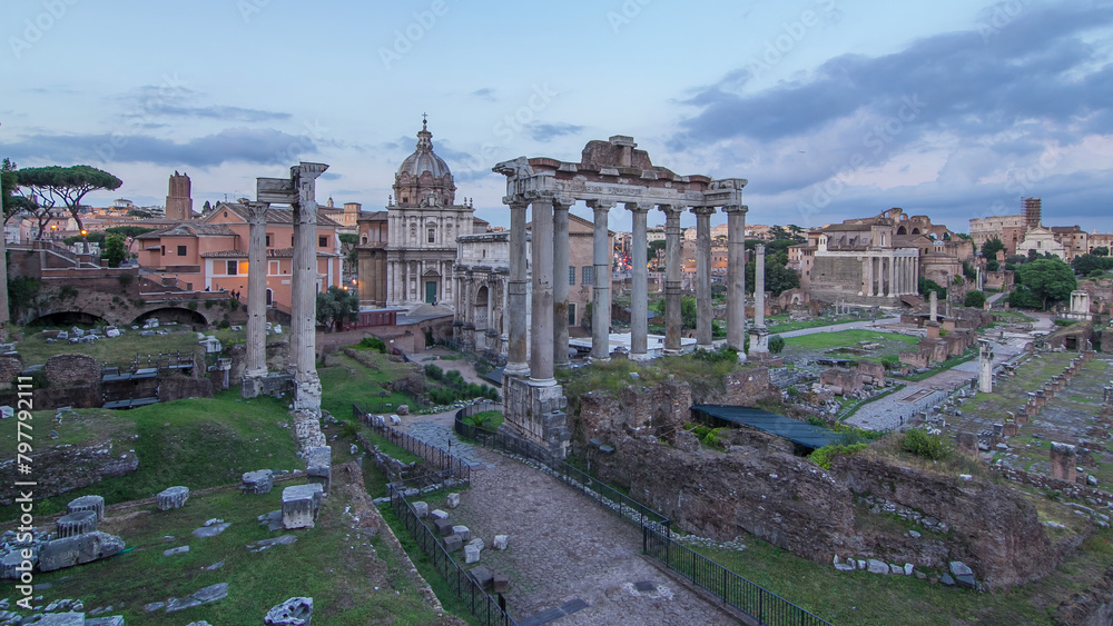 Ruins of Forum Romanum on Capitolium hill day to night timelapse in Rome, Italy