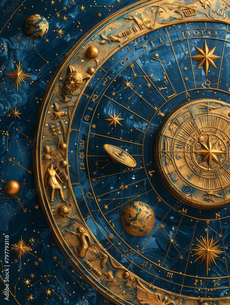 Obraz premium Celestial Zodiac Splendor: Dark Blue Background with Gold Astrological Zodiac Items and Symbols