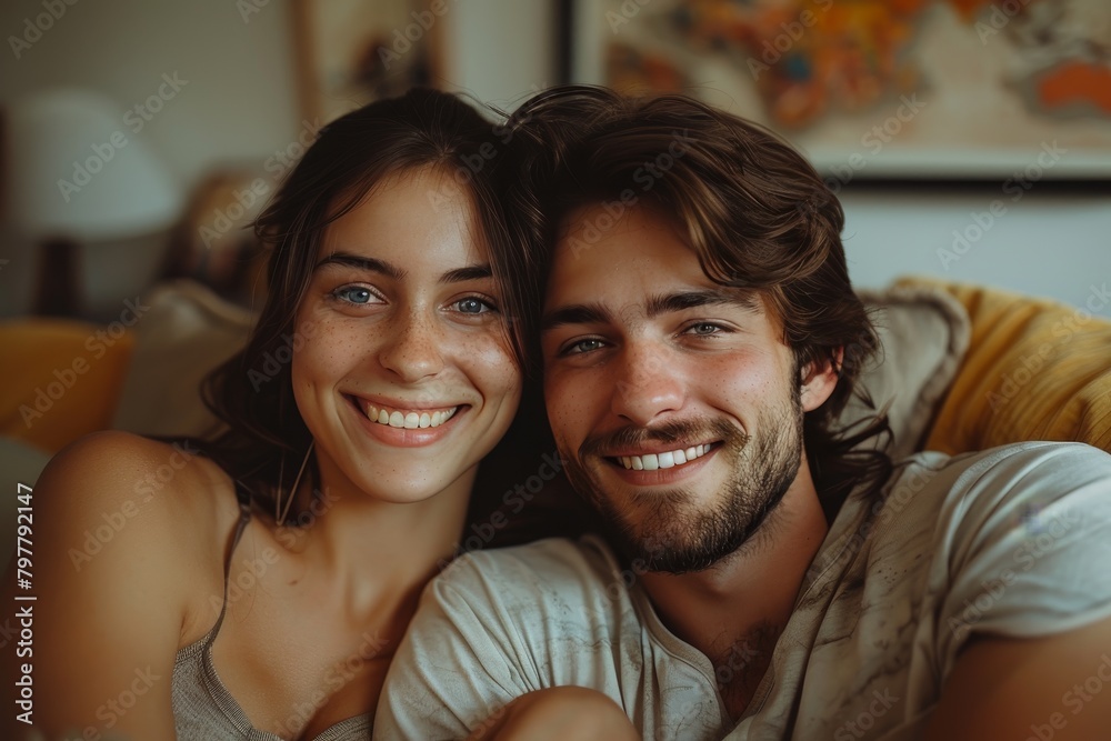 Smiling couple sitting close and capturing a happy selfie together, display loving happiness