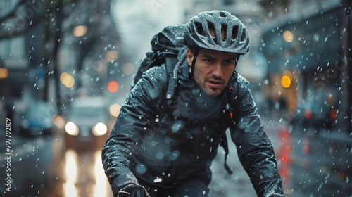 A man wearing a black jacket and helmet rides a bicycle in the rain
