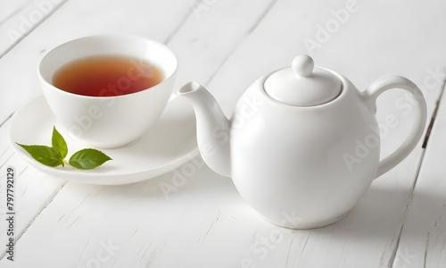 A white ceramic teapot and a cup of tea on a wooden table