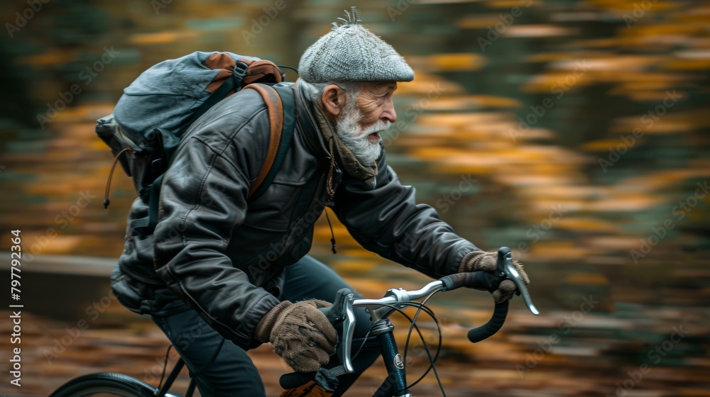 Fototapeta premium A man wearing a hat and a backpack rides a bicycle