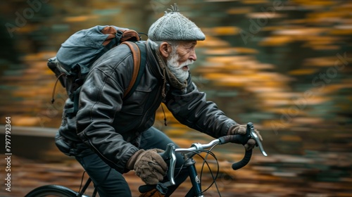 A man wearing a hat and a backpack rides a bicycle