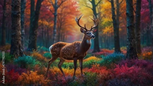 A cheerful cartoon deer wandering through a technicolor forest, every tree a burst of playful color ai_generated