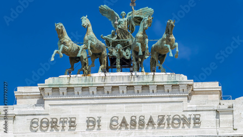 Monument with horses on top of Palace of Justice Palazzo di Giustizia timelapse