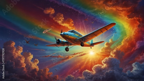 A lively scene of a cartoon plane soaring through a sky ablaze with a spectrum of colors ai_generated
