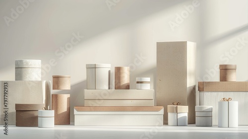 A white and brown box display with a variety of boxes