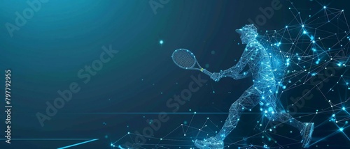 technology in tennis sports, digital blue low poly tennis player with glowing data streams, ai in sports analytics, player performance tracking systems, training programs for tennis athletes. 