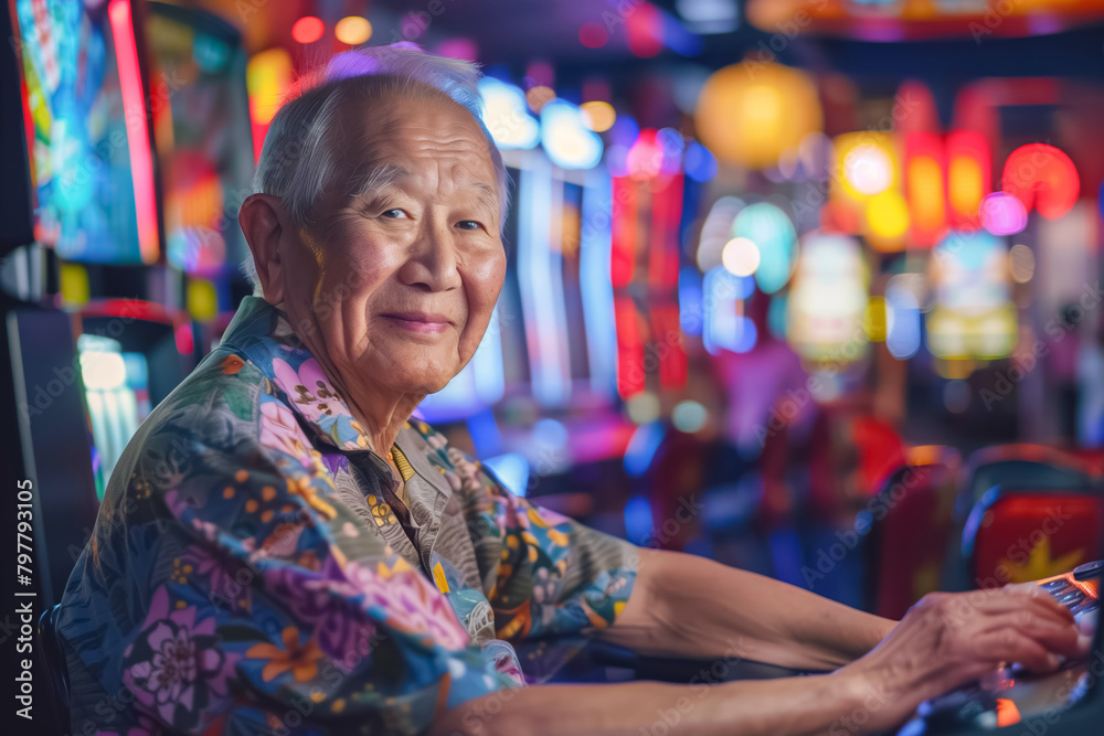 An elderly Asian man with a serene expression plays a slot machine in a lively and colorful casino setting.