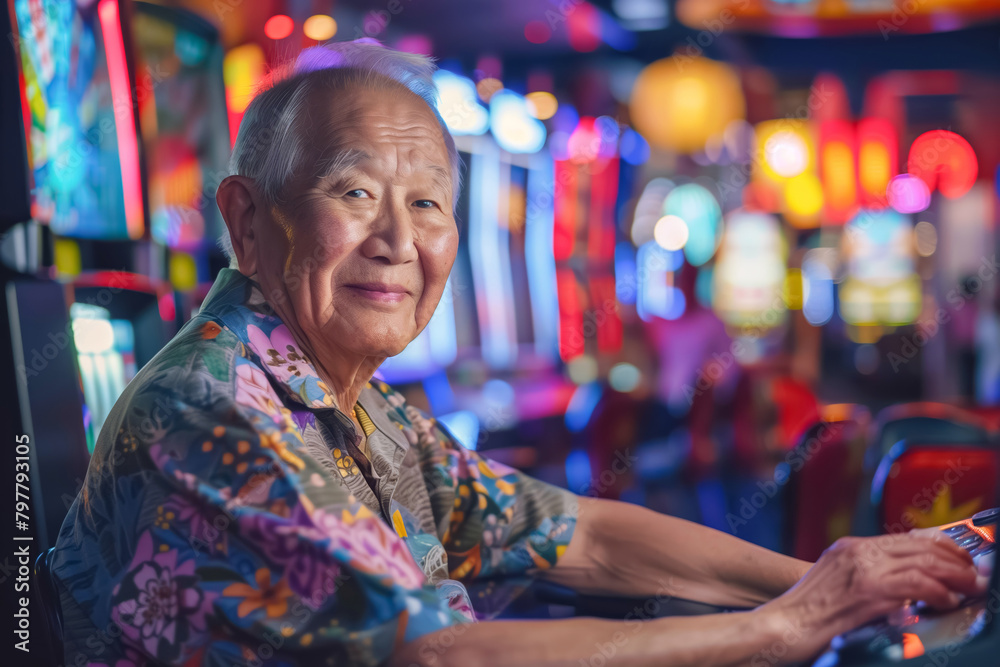 An elderly Asian man with a serene expression plays a slot machine in a lively and colorful casino setting. An elderly Asian man with a serene expression plays a slot machine in a lively and colorful casino setting.