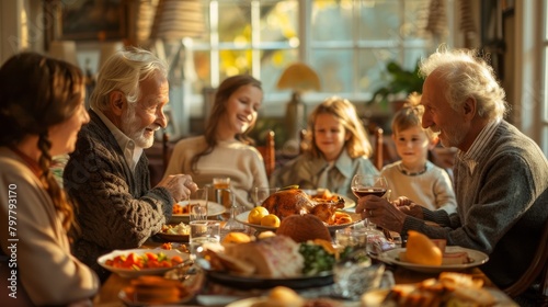 A family is gathered around a table with a turkey and a variety of food